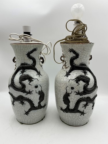 Lot 68 - A pair of Chinese crackle glaze ceramic lamps...