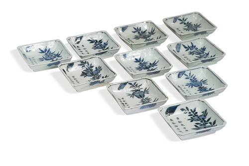 Lot 78 - A set of ten Japanese blue and white porcelain small square dishes, 18th century