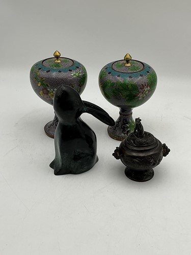 Lot 78 - A pair of Japanese cloisonne lidded vases, a...