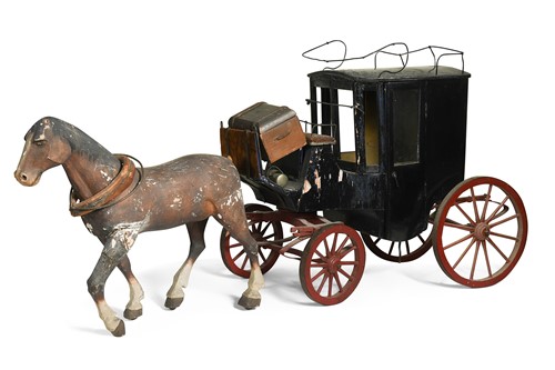 Lot 686 - A painted wooden model of a coach with driver and horse, 19th century