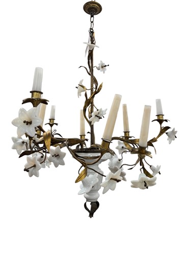 Lot 628 - A brass and opaline nine branch hanging light,...