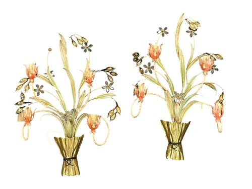 Lot 432 - A pair of Italian tole and brass polychrome...