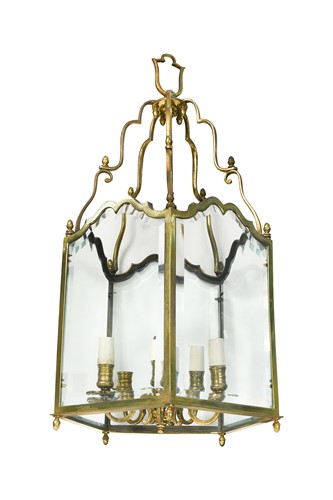 Lot 670 - A five-light brass hall lantern, mid 20th century