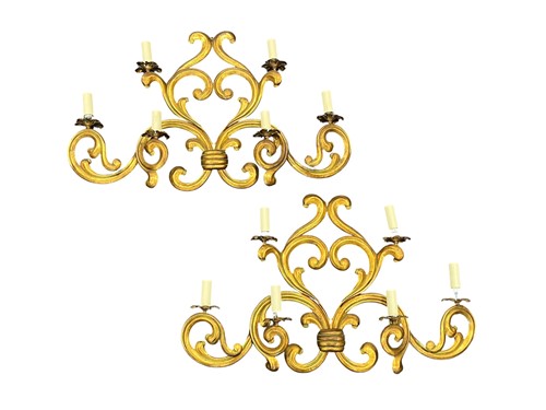 Lot 307 - A pair of gilded tole six branch wall...