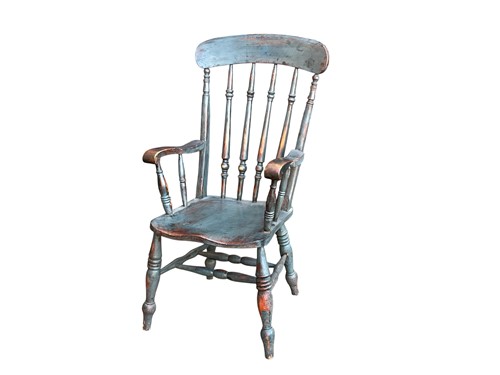 Lot 364 - A blue painted comb back armchair, with later...