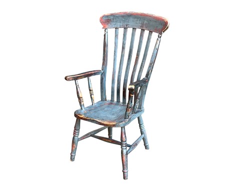 Lot 623 - A blue painted comb back armchair, later...