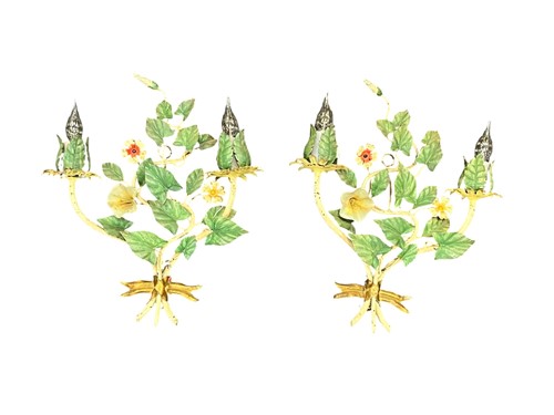 Lot 148 - A pair of French polychrome painted tole wall...
