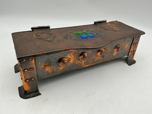 Lot 181 - An Art Nouveau copper and enamelled-lid shaped...