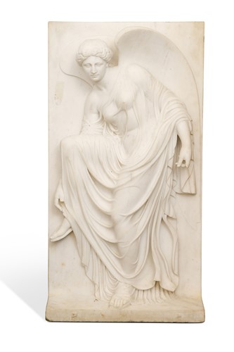 Lot 445 - After the Antique, a carved marble relief of Nike adjusting her sandal, English, 19th century