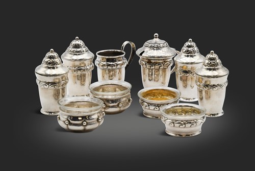 Lot 104 - Christian Fr. Heise for Heimbürger, a collection of Danish metalware cruets, circa 1920s