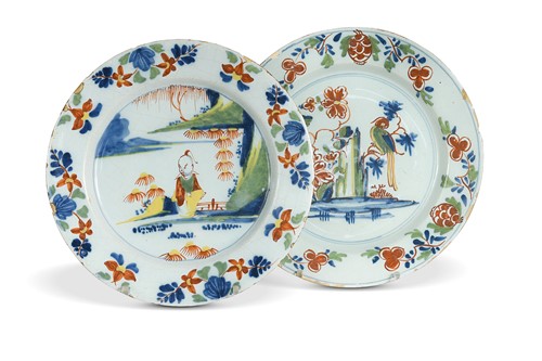 Lot 377 - A London Delft polychrome plate, Lambeth High Street, circa 1770