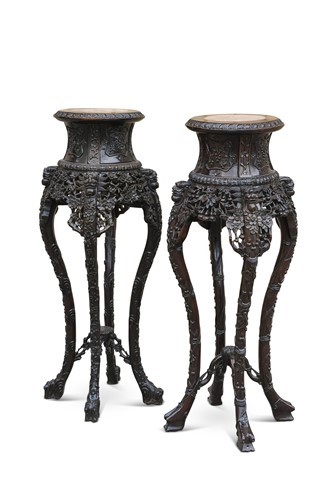 Lot 528 - A pair of Chinese marble-topped stands, late 19th/ early 20th century