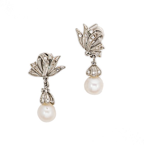 Lot 177 - A pair of cultured pearl and diamond ear pendants
