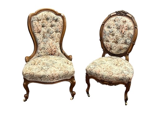 Lot 641 - Two Victorian walnut nursing chairs, with...