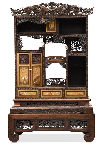 Lot 632 - A Japanese carved hardwood shadona cabinet on stand, Meiji period