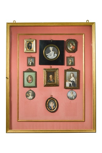 Lot 352 - A portrait miniature display case containing a collection of eleven decorative portrait miniatures