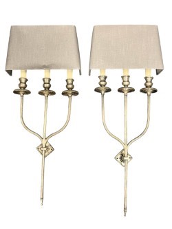Lot 346 - A pair of three branch nickel wall lights,...