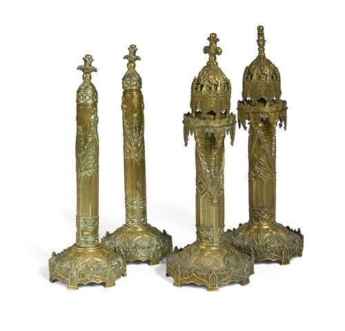 Lot 406 - A pair of Victorian brass Gothic style candlesticks