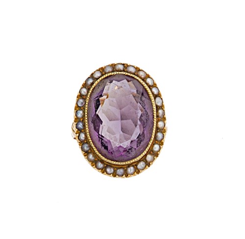 Lot 43 - A 15ct gold amethyst and split pearl cluster ring