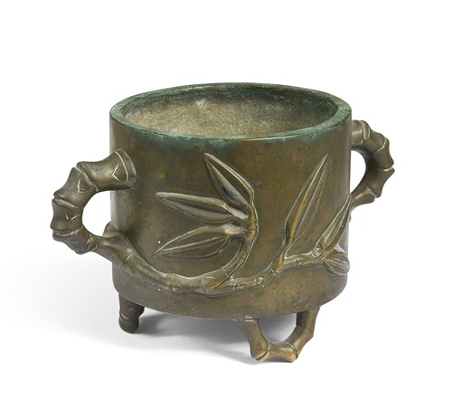 Lot 53 - A Chinese bronze bamboo effect censer, Qing Dynasty 19th century