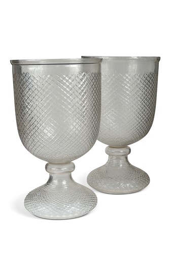 Lot 566 - A pair of large glass pedestal storm lanterns, modern