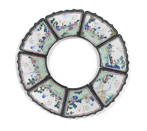 Lot 44 - A group of twelve Chinese Canton enamel fan shape dishes, Qing Dynasty, circa 1800