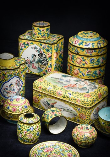 Lot 45 - A group of twelve Chinese Canton enamel yellow ground items, Qing Dynasty and later