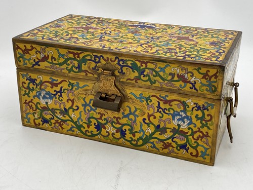 Lot 96 - A brass box with orange ground cloisonne and...
