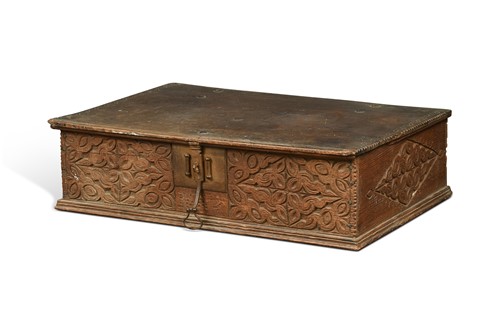 Lot 362 - A carved oak Bible box, 17th century