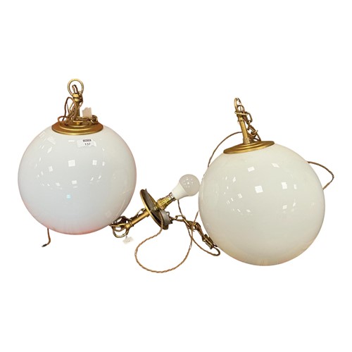 Lot 137 - A pair of ceiling lights, opaline globe form...