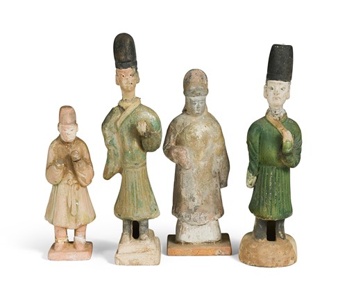 Lot 6 - Two Chinese partly glazed sancai pottery tomb attendants, mingqi, probably Ming Dynasty