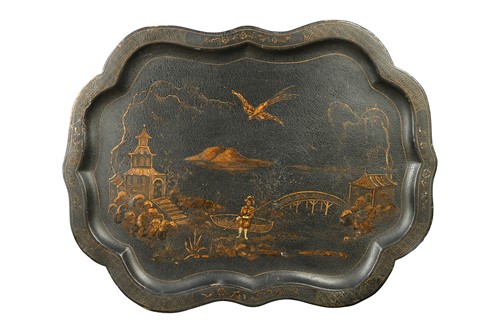 Lot 553 - A chinoiserie-decorated black lacquered papier-mâché tray, 19th century