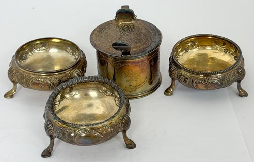 Lot 17 - Three silver salts and a silver drum mustard,...