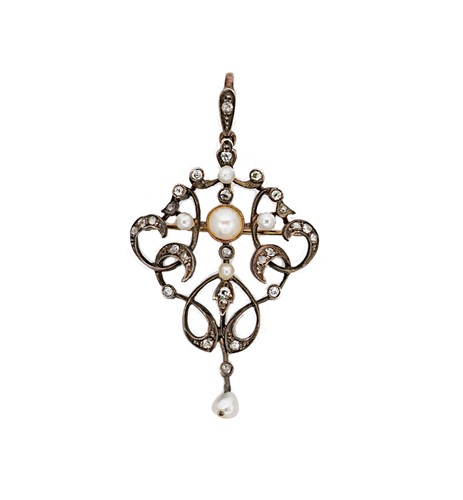 Lot 174 - An early 20th century pearl and diamond openwork pendant/brooch