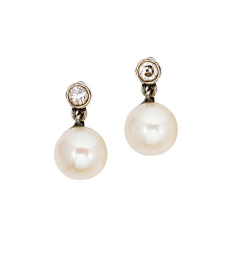 Lot 175 - A pair of cultured pearl and diamond ear pendants
