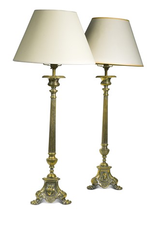 Lot 376 - A pair of brass and silver plated baroque style candlesticks as lamps, 20th century