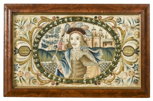 Lot 386 - A Charles II silkwork and stumpwork panel, circa 1670