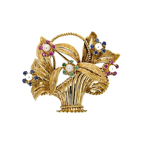 Lot 74 - A pearl and gemset flower basket brooch
