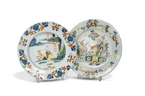 Lot 325 - A Delft polychrome plate, Lambeth, possibly by Abigail Griffith, circa 1750