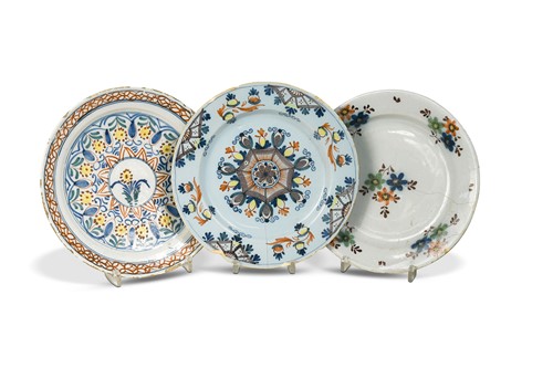 Lot 655 - Five Delft polychrome plates, circa 1760