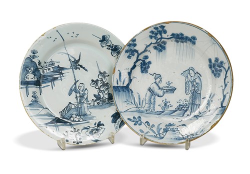 Lot 395 - Four Delft blue and white plates, 18th century