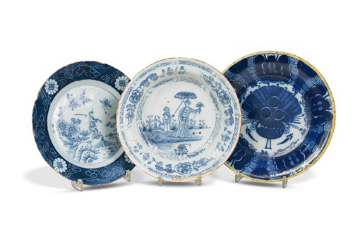 Lot 406 - Seven Delft blue and white plates and bowls, 18th century