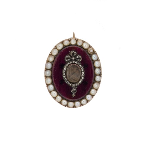 Lot 35 - A late Georgian enamel, pearl and diamond mourning brooch