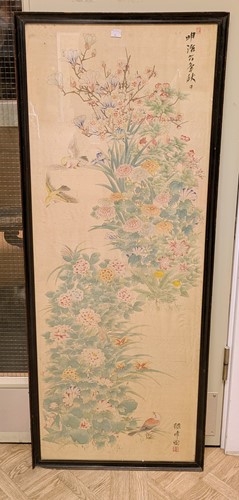 Lot 469 - Japanese panel with flowers, calligraphy and...