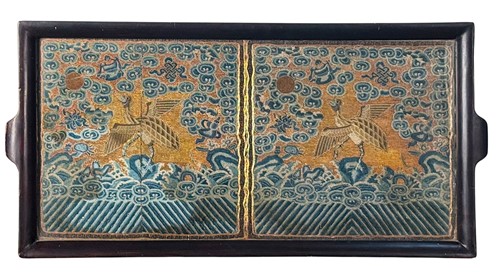 Lot 26 - Two Chinese silk and gold wrapped thread kesi rank badges, buzi, Qing Dynasty, 18th/early 19th century