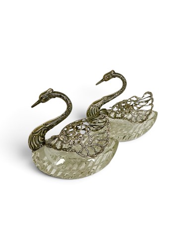 Lot 336 - A pair of modern silver mounted cut-glass swan...