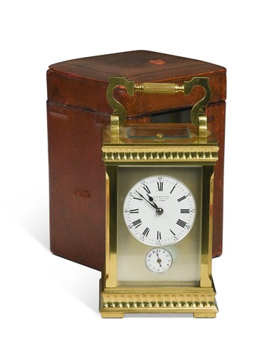 Lot 435 - A French brass repeating carriage clock with alarm by Drocourt, late 19th century