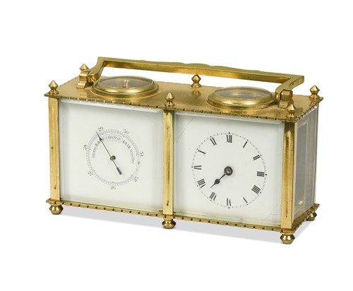 Lot 601 - A brass desk barometer and carriage timepiece with compass, early 20th century