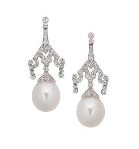 Lot 59 - A pair of cultured pearl and diamond ear pendants