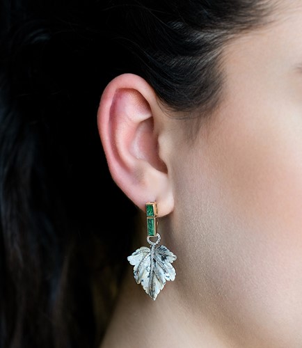 Lot 216 - Fei Liu - A pair of emerald, diamond and jasper ear pendants